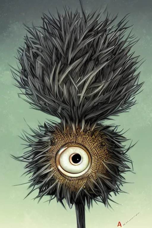 Image similar to a humanoid figure dandelion monster with large orb eyes, highly detailed, digital art, sharp focus, trending on art station, artichoke, anime art style