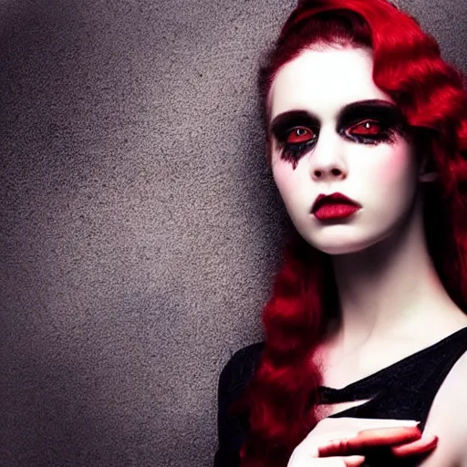 Image similar to beautiful necromancer girl with red wavy hair and piecing eyes, soft flawless pale skin, wearing a black crop top photography dramatic dark lighting, hyperrealistic