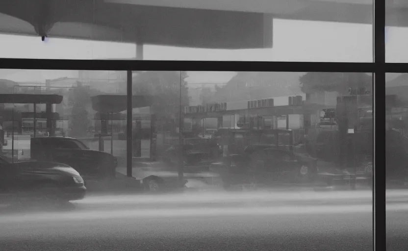 Prompt: cinematic shot of a flock of birds outside the window of the byron travel plaza, moody scene from being john malcovich directed by charlie kaufman ( 2 0 0 1 ), foggy volumetric light morning, anamorphic lenses, kodak color film stock
