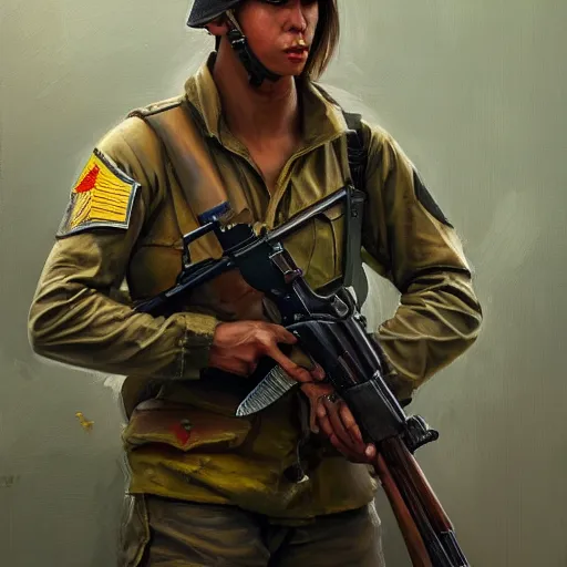 Image similar to a painting of a character fighting in the vietnam war holding a Gun by Mark Arian, high detail, hyperrealistic, concept art, artstation, 8k