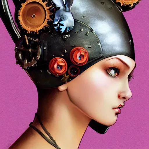 Prompt: ilya kuvshinov, curiosities carnival, soft paint of a single bald beautiful female in a full steampunk armor, rabbit - ear helm, symmetry accurate features, focus, very intricate ultrafine details, award winning masterpiece