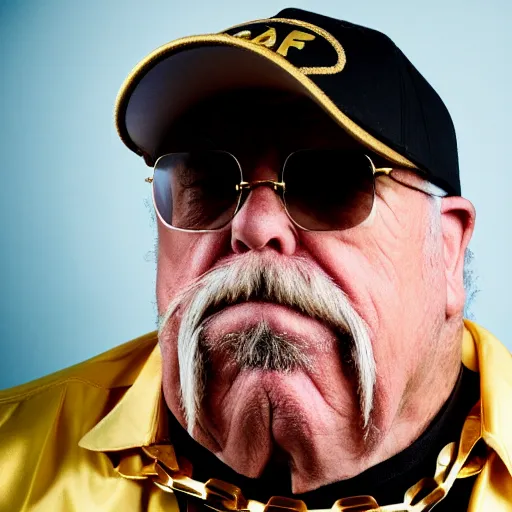 Image similar to dslr portrait photo still of wilfred brimley as a gangsta rapper with gold chains and gold teeth grills, 8 k, 8 5 mm f 1. 8