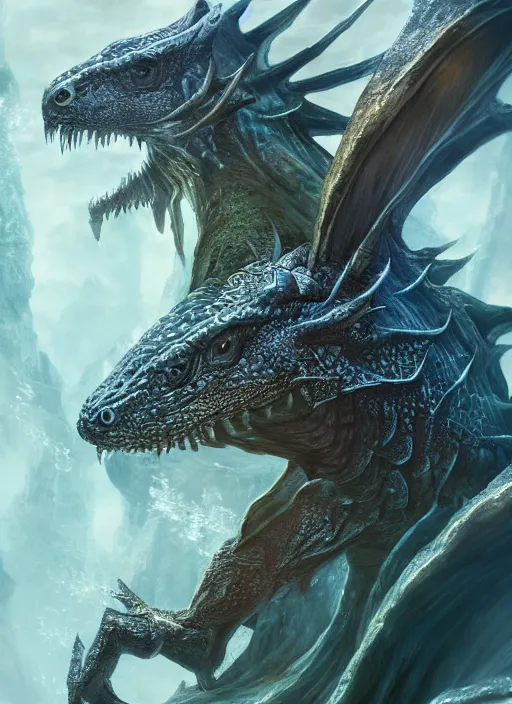 Image similar to water dragon, ultra detailed fantasy, elden ring, realistic, dnd character portrait, full body, dnd, rpg, lotr game design fanart by concept art, behance hd, artstation, deviantart, global illumination radiating a glowing aura global illumination ray tracing hdr render in unreal engine 5