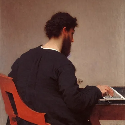 Image similar to an oil painting of an man playing a laptop, view from back, by Bouguereau, highly detailed and intricate,