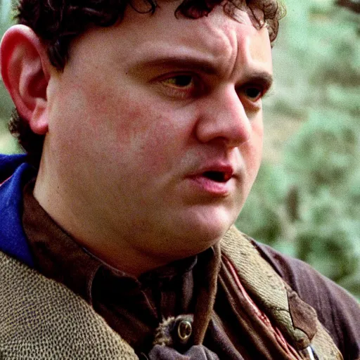 Prompt: close up headshot of a frowning clean shaven pudgy British lad with short curly dark brown hair as a hobbit wearing a white men's crossbody sling chest bag and blue vest, blue vest!! white crossbody chestbag!! high resolution film still, movie by Peter Jackson