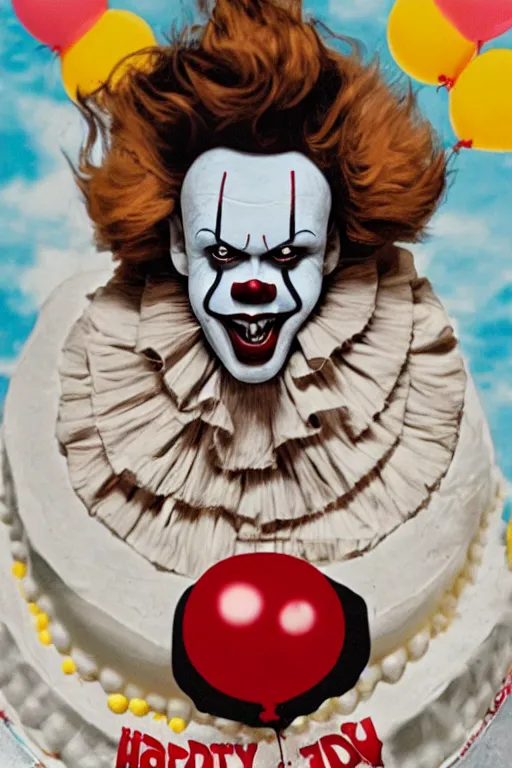 Image similar to a horror movie poster featuring Pennywise jumping out of a birthday cake