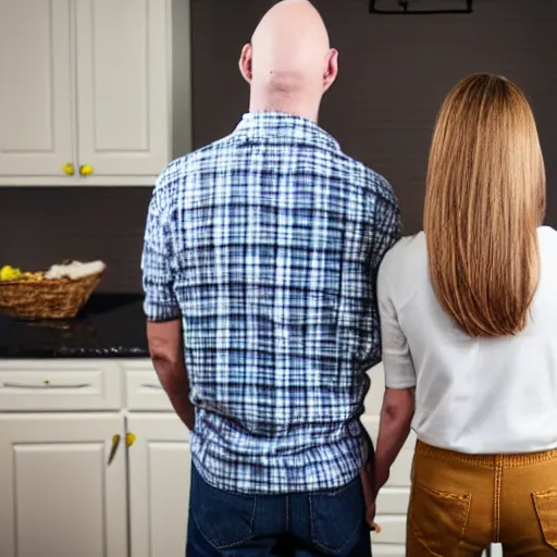 Prompt: portrait of a white male and his white female brown hair wife. male is is half bald, wearing a flannel shirt, tan shorts, white long socks and is holding a cane. female has long brown hair, standing next to him holding his hand. photo taken from behind them looking at a blue colored kitchen under remodel, trending on artstation.