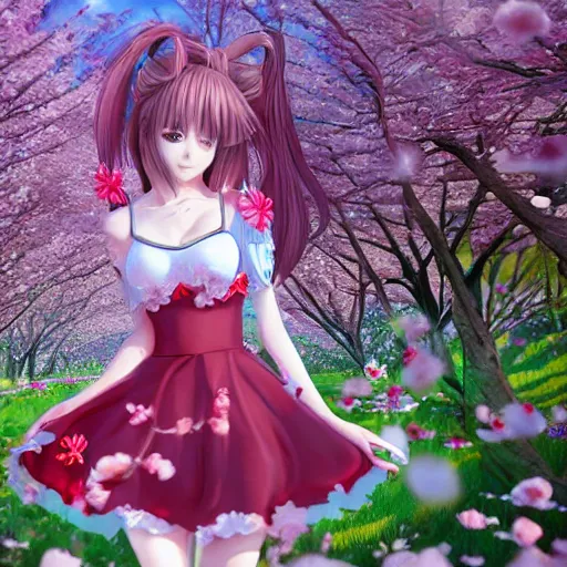 Image similar to 3d rendered anime girl with cherry blossoms as clothing in a flower garden, fantasy art, hyper realistic, detailed, ultra detailed, dynamic lighting, fantasy concept art