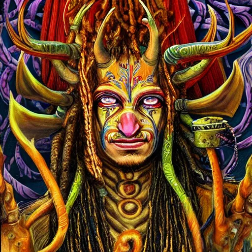 Image similar to a hyper-detailed painting with high details and textures of a psychedelic demon with dreadlocks horns and several eyes, he is in a meditation position and has an open third eye and mystical spiritual powers, the mix cernunnos + shiva