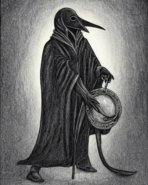 Image similar to portrait a plague doctor holding his mask, mask in hand, black robes, detailed art by greg rukowtski