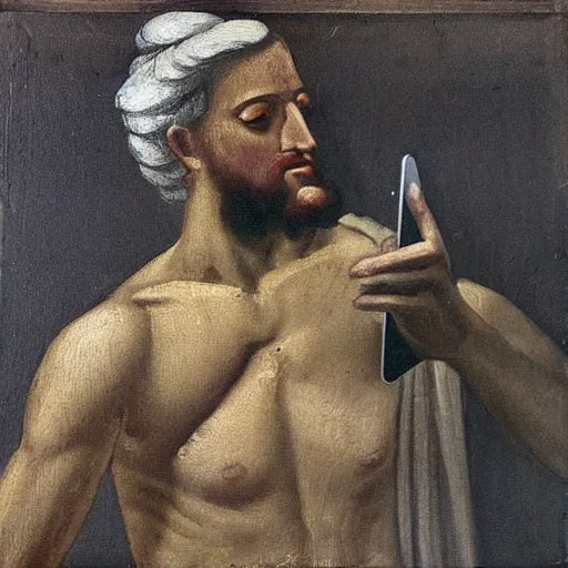 Image similar to “man on iPhone, Ancient Greek painting”