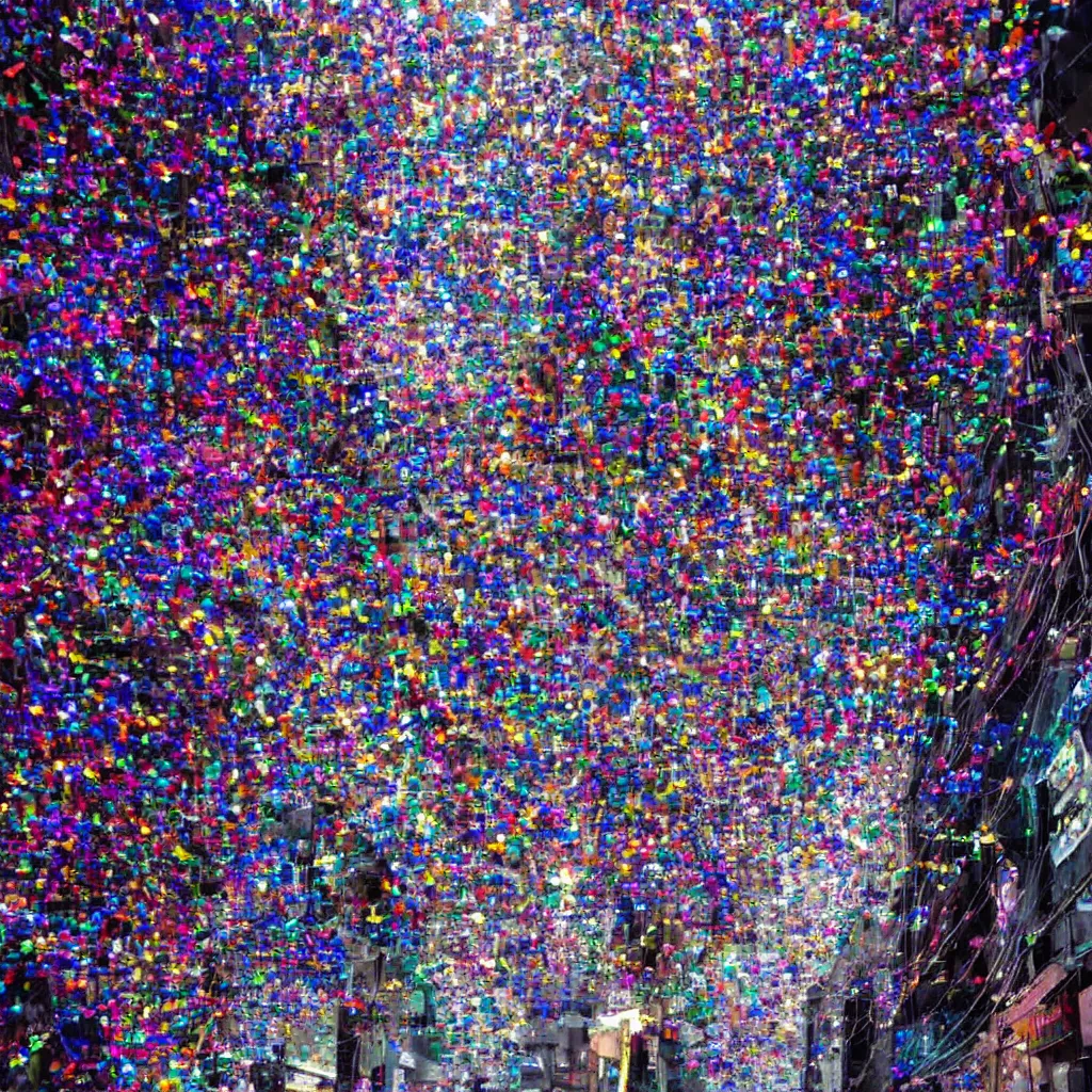 Image similar to a thin layer of microscopic multi-colored glitter twists and twirls in a light breeze above the narrow streets of a cyberpunk city