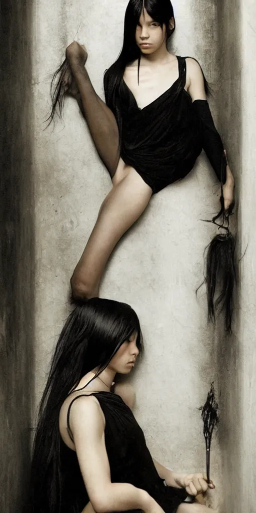 Image similar to photo of lonely young girl エウリン with straight long black hair wearing black dress that sitting on bathroom floor, photo made by mario testino and vanessa beecroft, model エリサヘス ・ セイモア from acquamodels. com, render by artgem and alphonse mucha for capcom co, resident evil