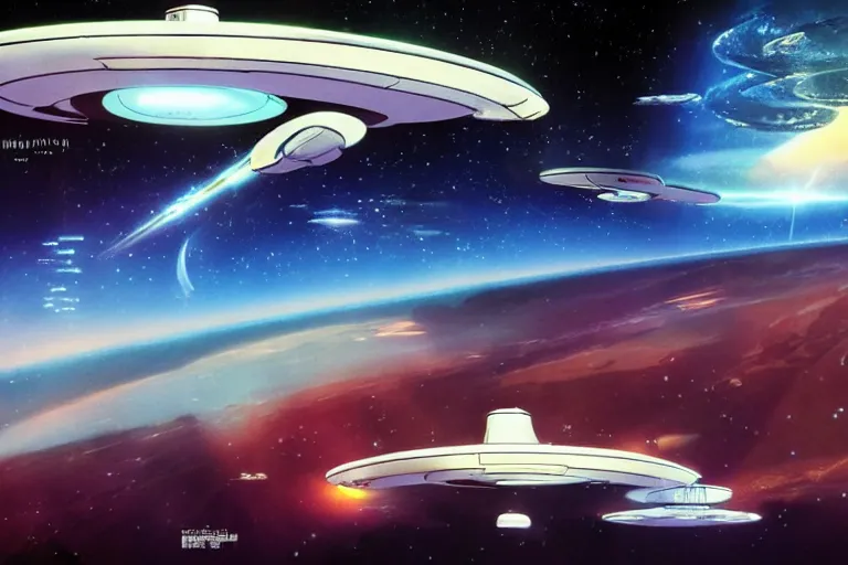 Prompt: Promotional poster for Star Trek the original series, shot on the deck of the Starship Enterprise, by Makoto Shinkai. Anime key visual,