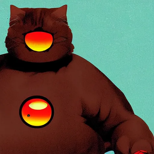 Prompt: Cute digital art depicting a fat cat as The Terminator (1984), glowing eyes