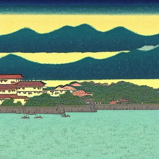 Prompt: A beautiful village by the sea, as the sun sets on the horizon, in the style of kawase hasui