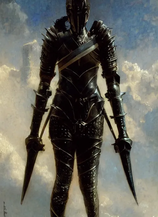 Image similar to stoya wearing black medieval armour detailed, by gaston bussiere, bayard wu, greg rutkowski, giger, maxim verehin, greg rutkowski, masterpiece, sharp focus, cinematic lightning