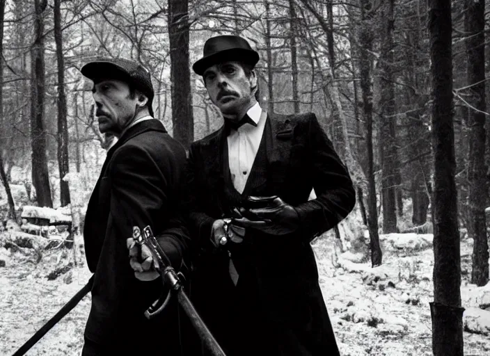 Image similar to an dramatic scene from the movie scarface, medium long shot, costumes from peaky blinders, filmed in the dark woods, a cabin in the background, al pacino and daniel day - lewis, sharp eyes, serious expressions, detailed and symmetric faces, black and white, cinematic, epic,