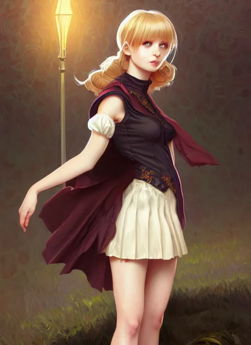 Image similar to portrait of a full body of beautiful young female detective, d & d, sleeveless turtleneck, pleated skirt, fantasy, flat lighting, intricate, highly detailed, digital painting, artstation, concept art, smooth, sharp focus, illustration, misa amane, art by simon bisley and greg rutkowski and alphonse mucha, natural tpose