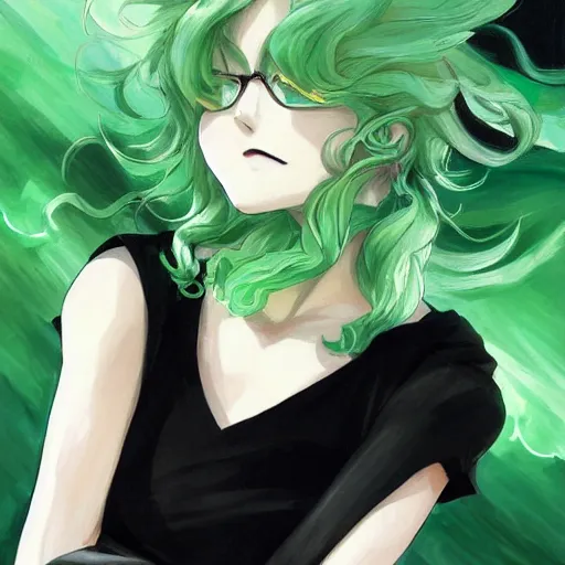 Prompt: painting of tatsumaki from one punch man, green hair, black dress, cool color palette, refreshing, soft lighting, detailed face, realistic shading, by cushart krenz, by makoto shinkai