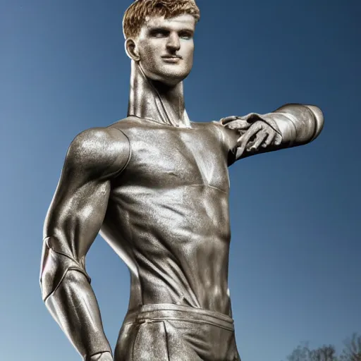 Image similar to a realistic detailed photo of a guy who is an attractive humanoid who is half robot and half humanoid, who is a male android, soccer player timo werner, shiny skin, posing like a statue, blank stare, by the pool, on display, showing off his muscles, humanoid robot, frozen ice statue, made of ice