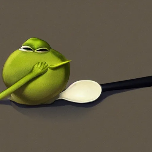 Image similar to pepe with a spoon, realistic, detailed, artstation