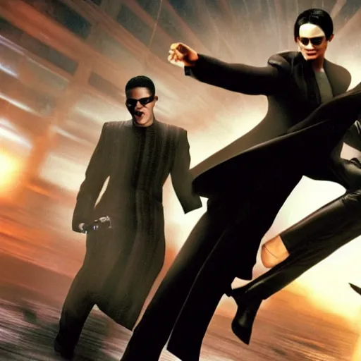 Prompt: Morpheus and Neo from The Matrix fighting the android from I, Robot, HD movie screenshot, promotional still, ultra high definition, detailed, 4k movie