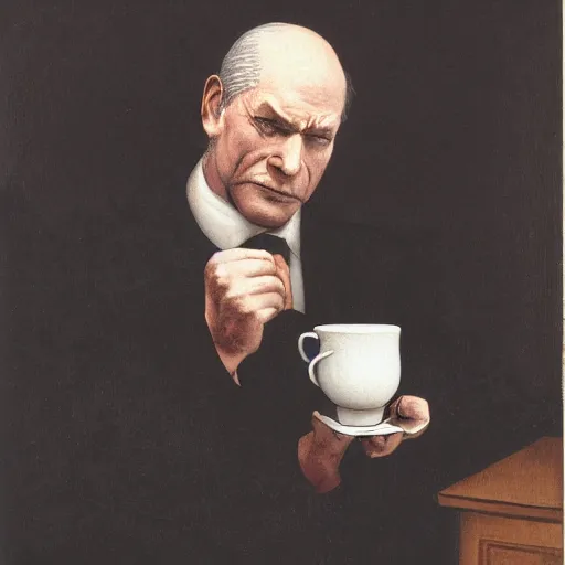 Image similar to boss senator stephen armstrong from the game metal gear solid holds a small porcelain cup with tea from which steam comes out, romanticism style, detailed facial proportions