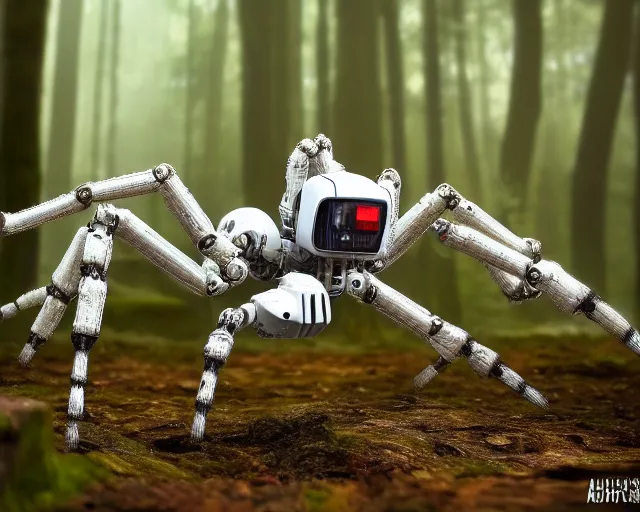 Image similar to photo of a giant huge white terminator spider with heavy duty biomechanical hydraulic cybernetic body with antennas and visor cogs and gears and components in the forest. cyberpunk horror style. highly detailed 8 k. intricate. nikon d 8 5 0 5 5 mm. award winning photography.