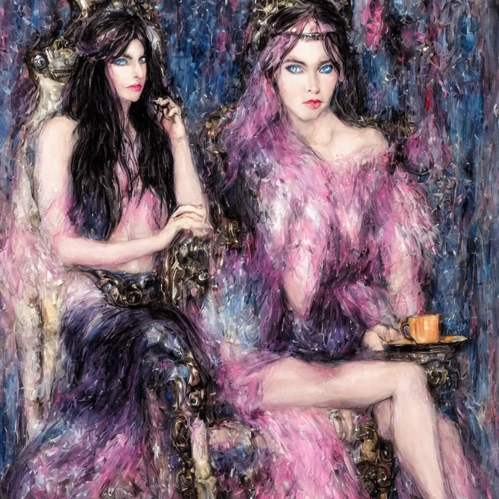 Image similar to beautiful young dark haired girl, with blue eyes, pink lips, dark eye shadow, lois royo style, dark princess of coffee, sitting on a throne drinking coffee.