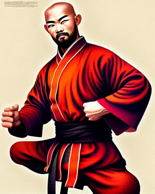 Prompt: richly detailed color illustration of a shaolin-christian-father-kung-fu illustrated by Artgerm and Timothy Kong . 3D shadowing