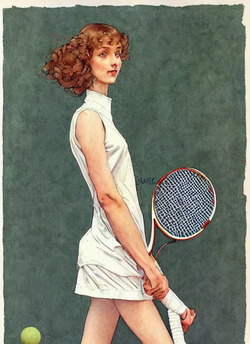 Prompt: a copic maker art nouveau portrait of a russian beautiful skinny girl with sad face wearing a tennis player outfit from lacoste by john berkey norman rockwell