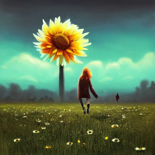 Image similar to giant daisy flower as a head, girl walking in field, surreal photography, moon light, dark night, dramatic, impressionist painting, clouds, digital painting, artstation, simon stalenhag