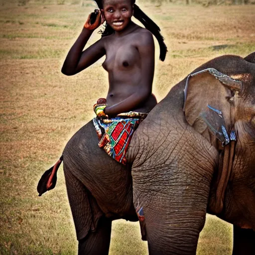 Image similar to 8 k award winning portrait photo of an african beauty with tribal tattoos, riding on elephant