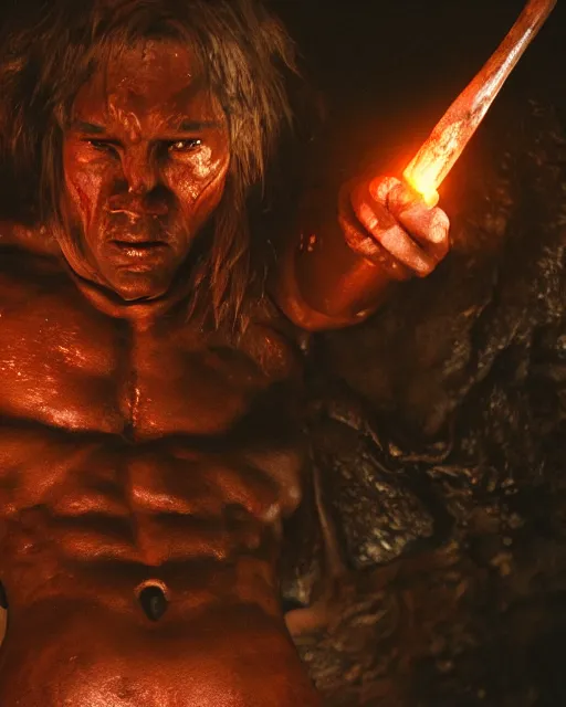 Prompt: closeup Photo of Conan the Barbarian in a torchlit dungeon, rim lighting, octane, Natasha Tan, Maciej Kuciara, Edgar Rice Burroughs,