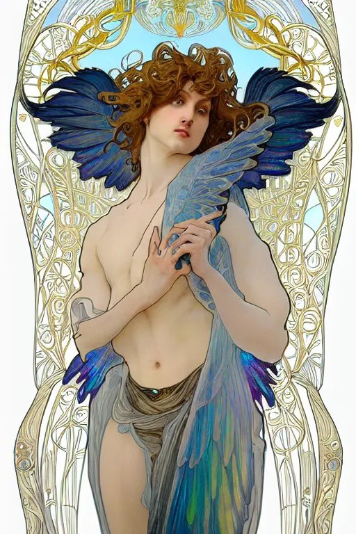 Image similar to full figure art nouveau portrait of a beautiful young fit male angel with curly blond hairs, dressed with fluent clothes, majestic wings, luminous halo, by alfons mucha, d & d character, gradient white to gold, in front of an iridescent background, highly detailed portrait, digital painting, artstation, concept art, smooth, sharp focus, illustration, artstation hq