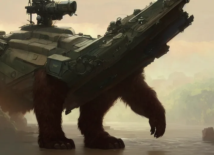 Image similar to a giant tank in the format of a bear with a giant cannon in his back, exoskeleton, technology, elegant, highly detailed, digital painting, artstation, concept art, smooth, sharp focus, illustration, art by krenz cushart and artem, demura and alphonse mucha