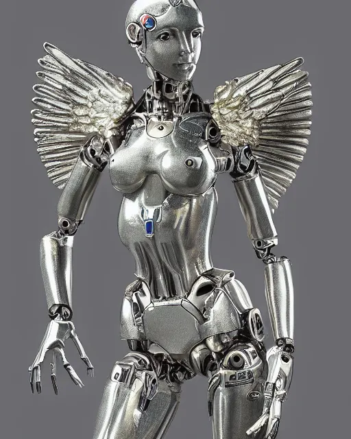 Image similar to sculpture of female angel with solarpunk mecha humanoid robotic parts with bright led lights, pudica pose gesture, by michelangelo, ultra - realistic and intricate, hdr 8 k