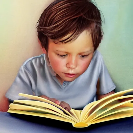 Prompt: hyperrealistic hyperdetailed half-lenght portrait of child, reading an illustrated book. HD 8x no frame