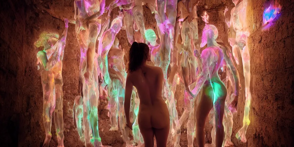 Image similar to love, translucent people with glowing body paint, from behind, rebirth, wide angle, cinematic atmosphere, elaborate, highly detailed, dramatic lighting