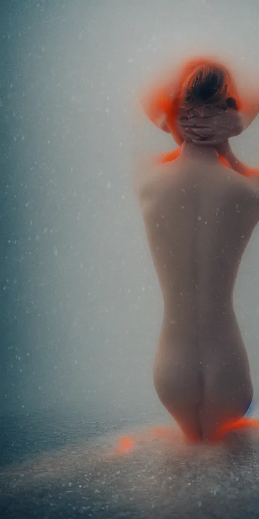 Image similar to a blurry closeup picture of gorgeous human bodies intertwined, female bodies, dripping wet, macro photography, long exposure photograph, surrealism, anamorphic bokeh, cozy, soft light, cyan and orange, caustic, atmospheric fog, octane render, cinematic