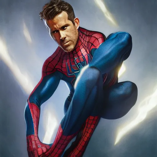 Image similar to ryan reynolds as a black and blue suit spider - man, cinematic, volumetric lighting, f 8 aperture, cinematic eastman 5 3 8 4 film, photorealistic by greg rutkowski, by stanley artgerm, by alphonse mucha