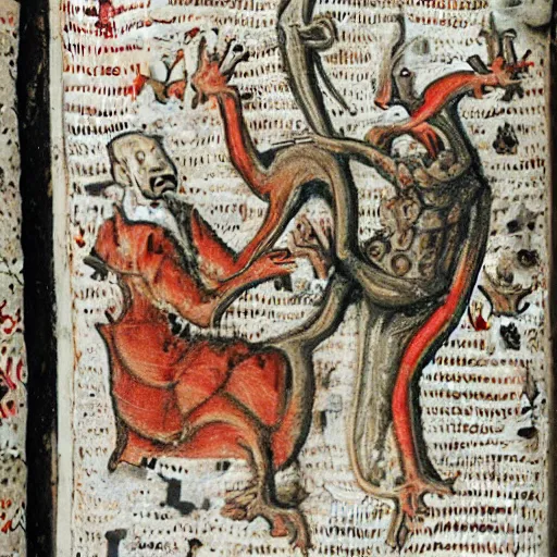 Prompt: grotesque creatures in the margins of old illuminated manuscripts