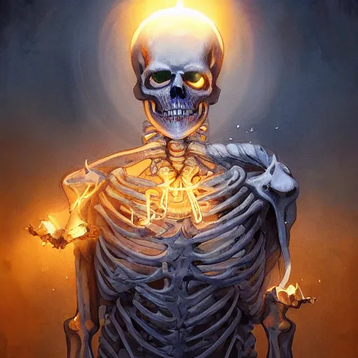 Image similar to skeleton glowing in white yellow light spell scroll art by artgerm and greg rutkowski and Craig Mullins, James Jean, Andrey Ryabovichev, Mark Simonetti and Peter Morbacher 16k