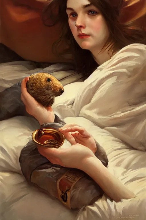 Prompt: groundhog cooking heroin lies on the bed, realistic portrait, highly detailed, digital painting, artstation, concept art, smooth, sharp focus, illustration, cinematic lighting, art by artgerm and greg rutkowski and alphonse mucha