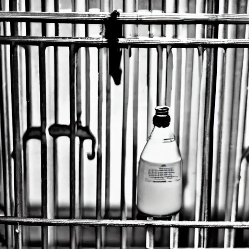 Image similar to bottle of milk inside a jailcell behind bars on the dirty floor