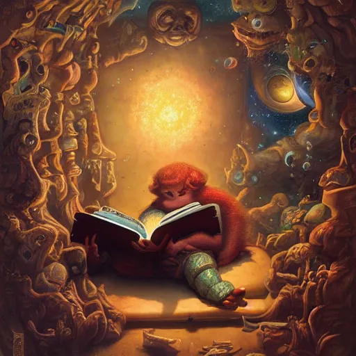 Prompt: A cosmic being reading books containing knowledge of the universe by Justin Gerard