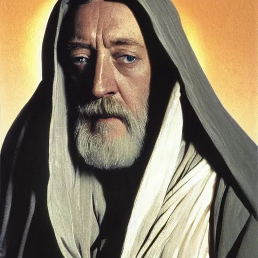 Prompt: Painting of Sir Alec Guinness as Obi-Wan Kenobi. Art by william adolphe bouguereau. During golden hour. Extremely detailed. Beautiful. 4K. Award winning.