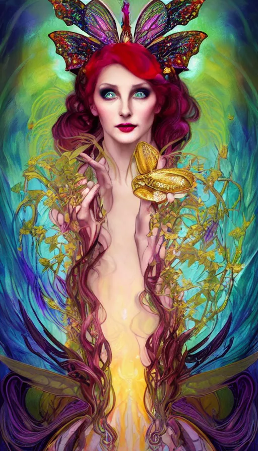 Image similar to a colorful and stunningly beautiful female faerie priestess in amanita muscaria forest landscape, symmetrical wings on back, neon hair, fantasy art, wearing a dress of gossamer gold, dark light night, sharp focus, digital painting, 4 k, concept art, art by charlie bowater and alphonse mucha, brom, face by otto schmidt