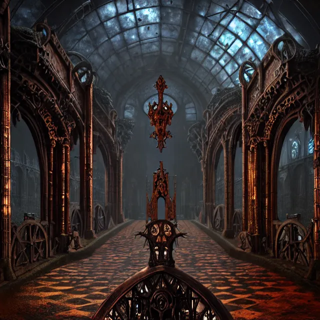 Image similar to steam necropolis, memento mori, gothic, neo - gothic, art nouveau, hyperdetailed copper patina medieval icon, stefan morrell, philippe druillet, ralph mcquarrie, concept art, steampunk, unreal engine, detailed intricate environment, octane render, moody atmospherics, volumetric lighting, ultrasharp, ominous, otherworldly